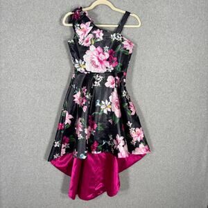 Rare Editions Dress Girls 12 Navy Pink Floral Big‎ Bow Shoulder High Low Party